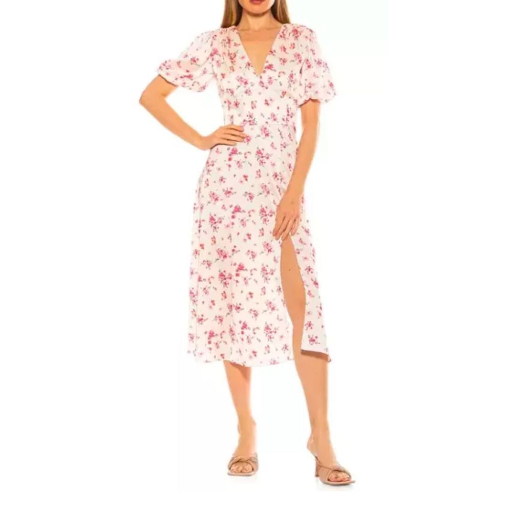 Alexia Admor "Nola" Puffy Sleeve Ivory Pink Floral Fit N' Flare Midi Dress Sz 12 - Picture 1 of 9